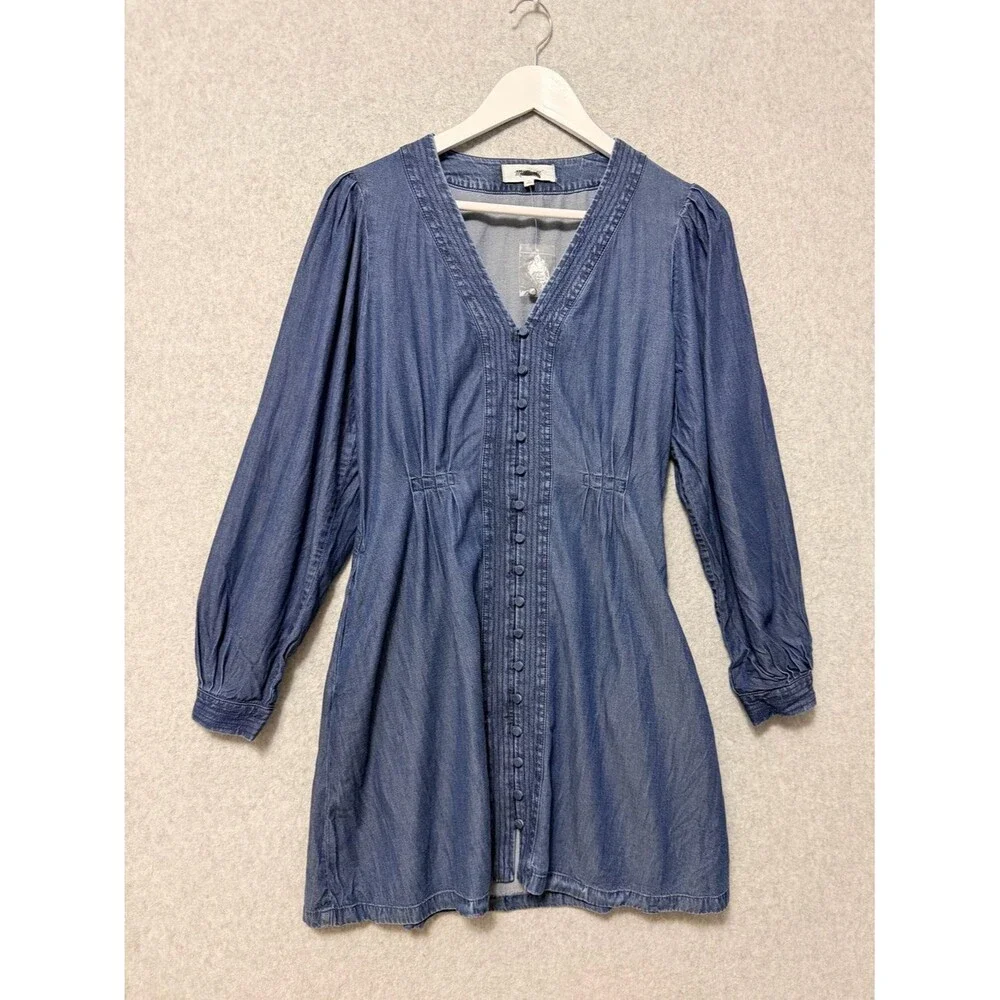 Madewell Denim Button Front Mini Dress NWT Size 2  Long Sleeve Pleated